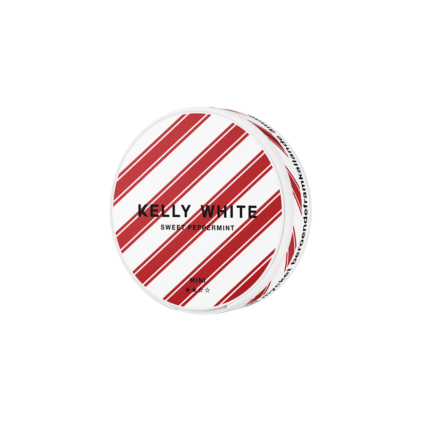 Side view of Kelly White Sweet Peppermint Mini by Europesnus.com, showing white and red striped peppermint candy.