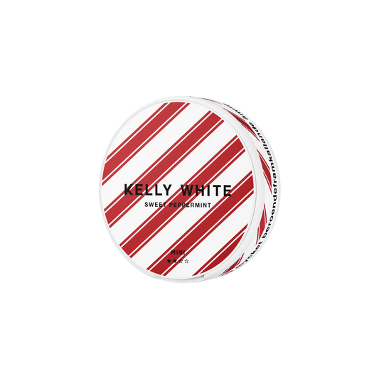Side view of Kelly White Sweet Peppermint Mini by Europesnus.com, showing white and red striped peppermint candy.