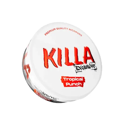 Bright, colorful image of Killa Exclusive Tropical Punch by Europesnus.com with vibrant tropical fruit illustrations.