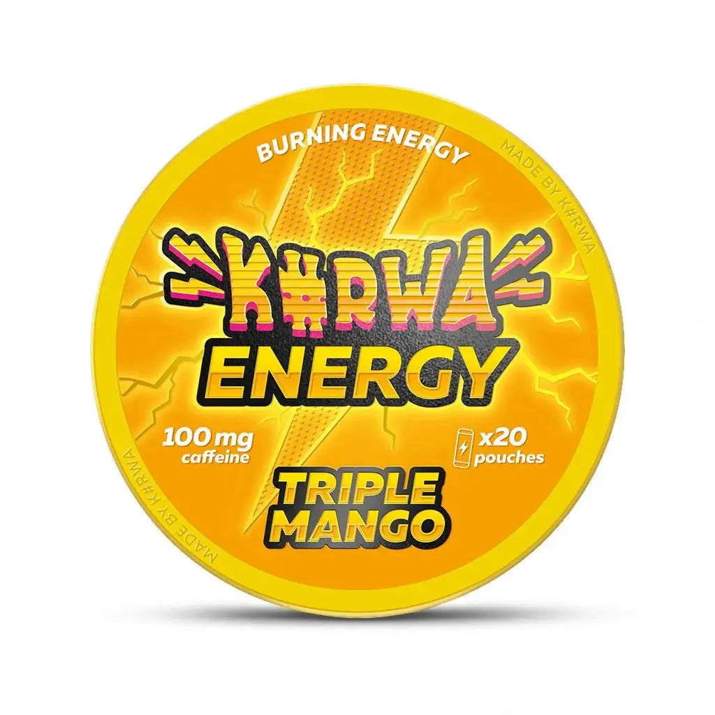 Kurwa Energy Triple Mango energy drink can featuring vibrant mango imagery and branding, designed for a refreshing boost.