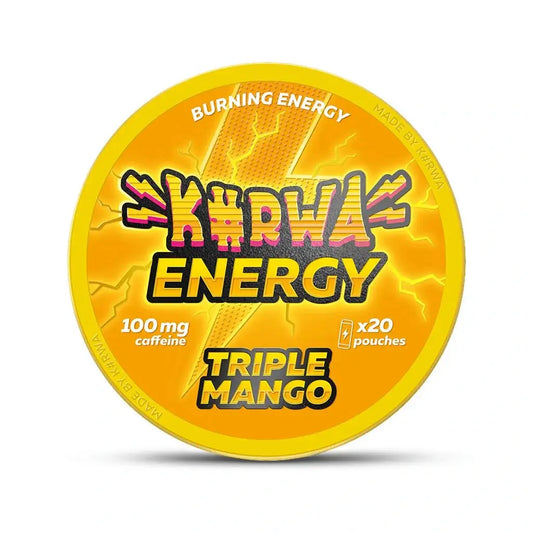 Kurwa Energy Triple Mango energy drink can featuring vibrant mango imagery and branding, designed for a refreshing boost.