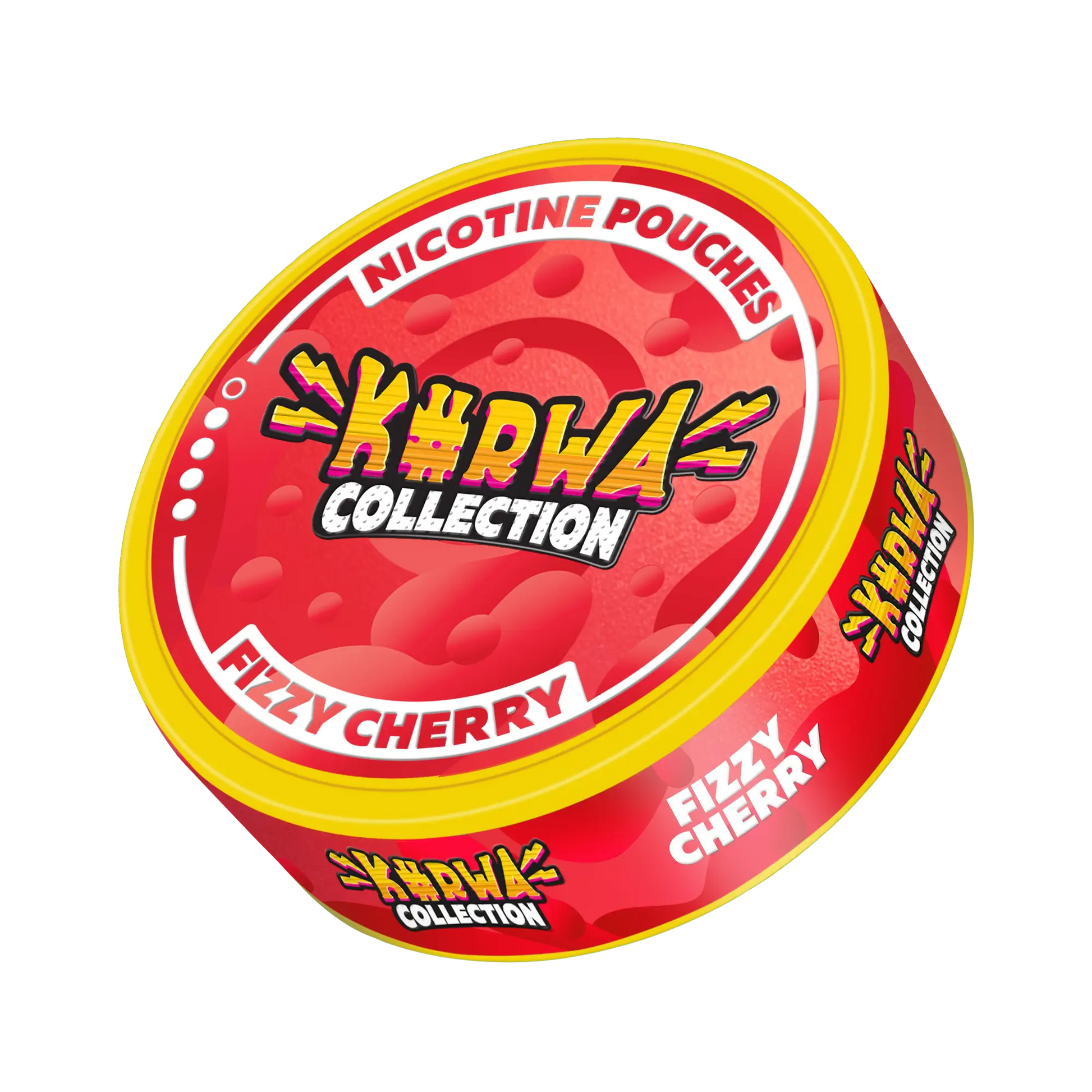 Kurwa Fizzy Cherry snus pouch from Europesnus.com, showing a close-up of the cherry-flavored nicotine pouch with branding.