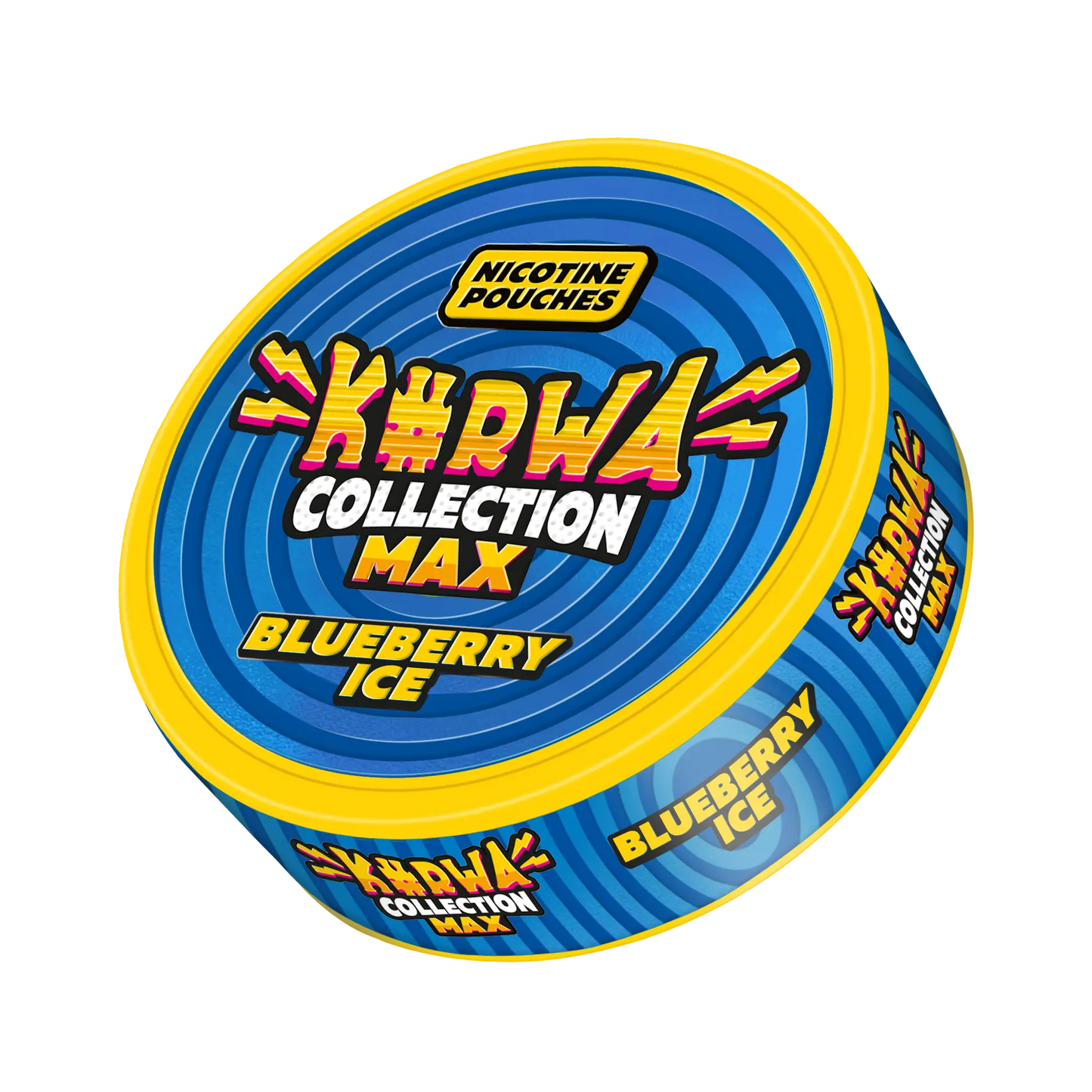 Collection mockup of Kurwa Max Blueberry Ice snus by Europesnus.com showing the pouch with blueberry and ice flavor.