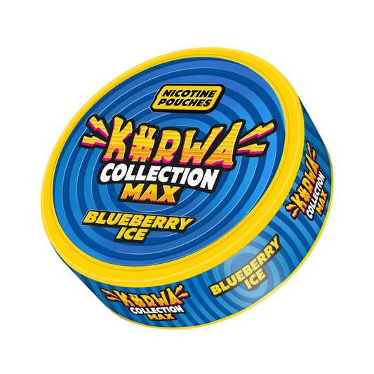 Collection mockup of Kurwa Max Blueberry Ice snus by Europesnus.com showing the pouch with blueberry and ice flavor.
