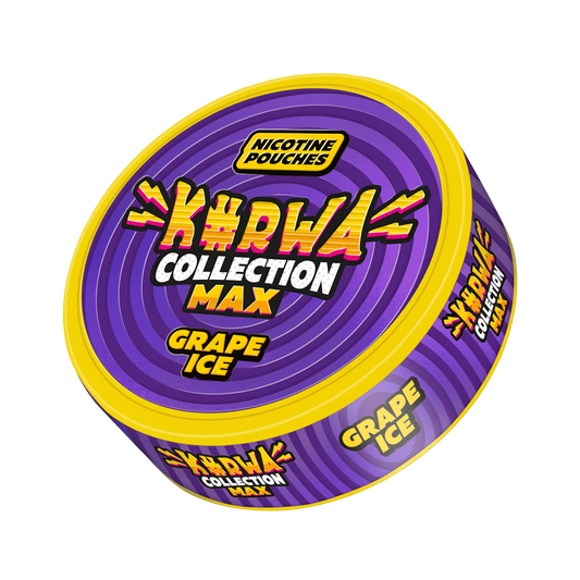 Collection mockup of Kurwa Max Grape Ice snus from Europesnus.com showing the tin with grape and ice flavor branding