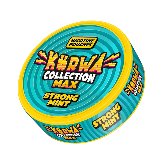 Kurwa Max Strong Mint snus pouch collection mockup featuring sleek packaging with fresh mint flavor branding.