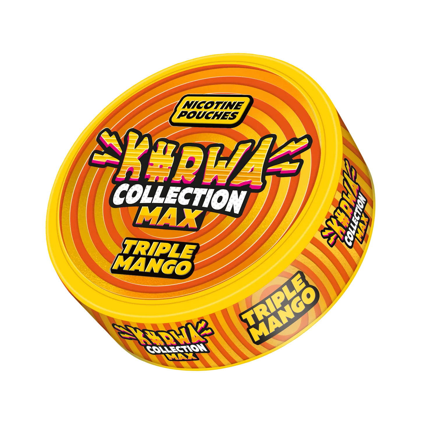 Kurwa Max Triple Mango snus pouch collection mockup showing sleek packaging and vibrant mango flavor branding.