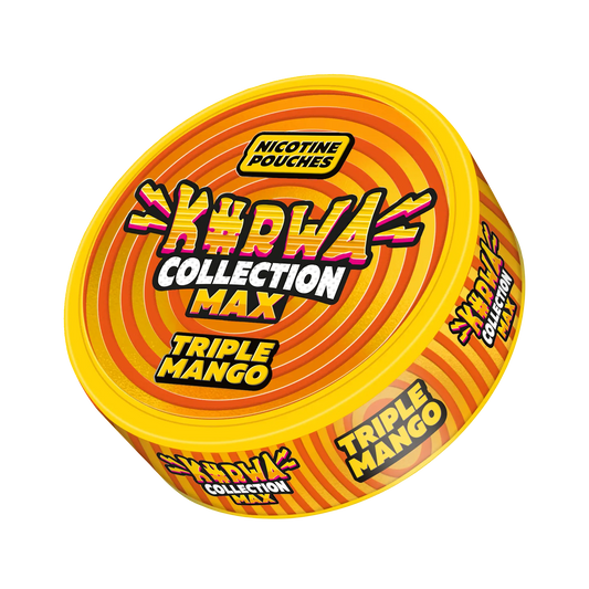 Kurwa Max Triple Mango snus pouch collection mockup showing sleek packaging and vibrant mango flavor branding.