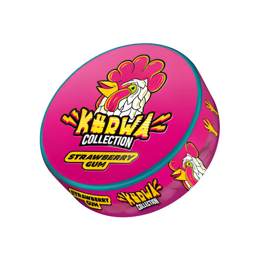 Kurwa Strawberry Gum by Europesnus.com showing fresh strawberry-flavored chewing gum packs on a white background.