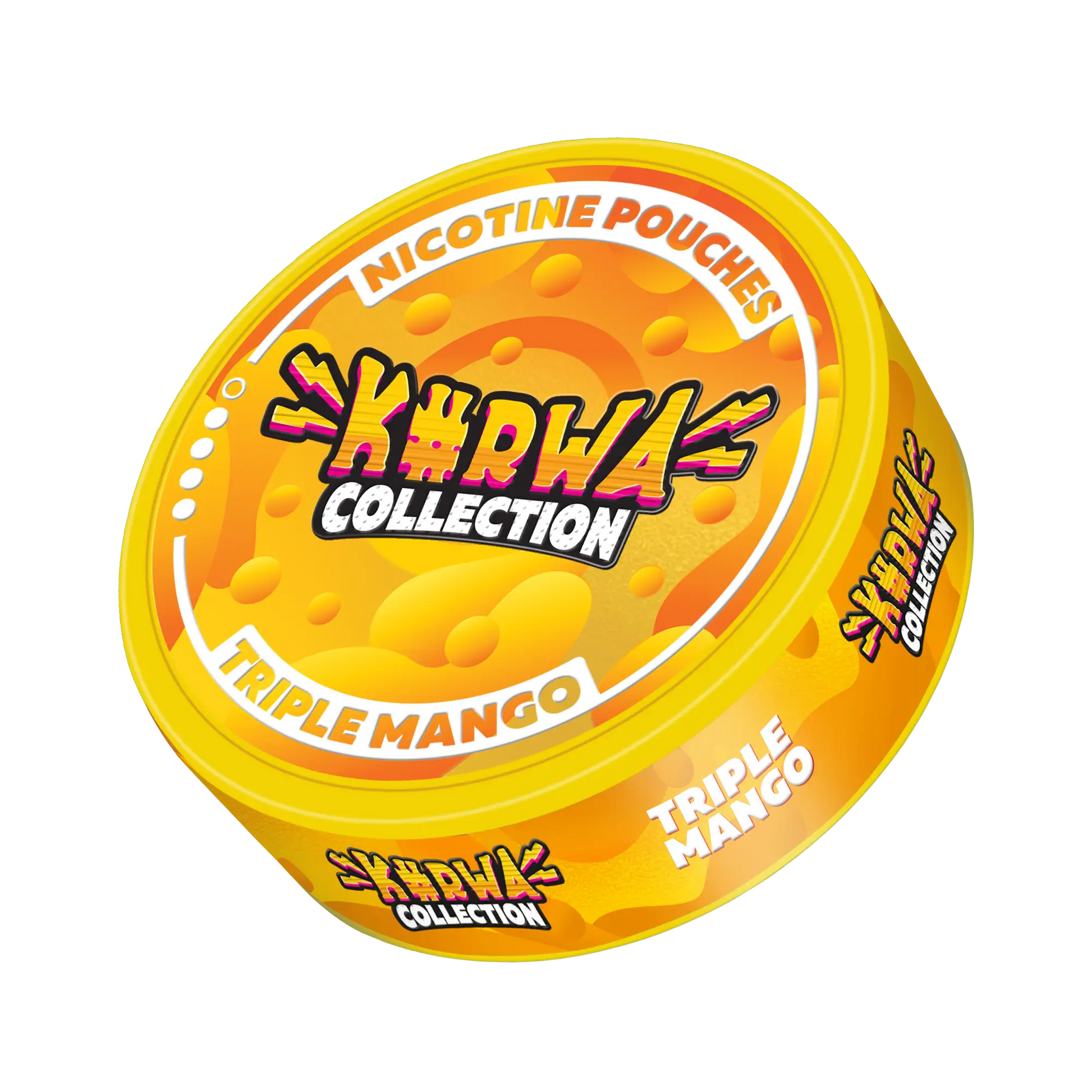 Kurwa Triple Mango snus pouch by Europesnus.com, featuring three mango flavor pouches in a sleek mockup.
