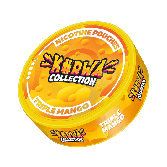 Kurwa Triple Mango snus pouch by Europesnus.com, featuring three mango flavor pouches in a sleek mockup.