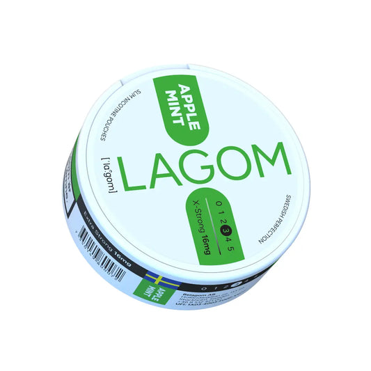 Lagom Apple Mint 16mg nicotine pouch from Europesnus.com, showing a close-up of the pouch with green apple and mint flavor branding.