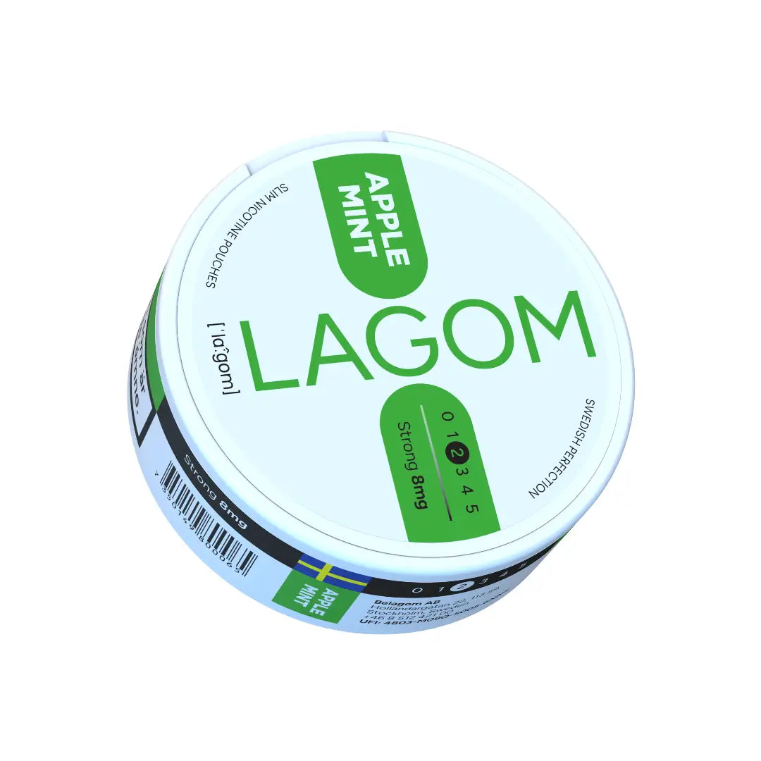 Lagom Apple Mint 8mg nicotine pouch in a sleek container, featuring fresh apple and mint flavor branding.