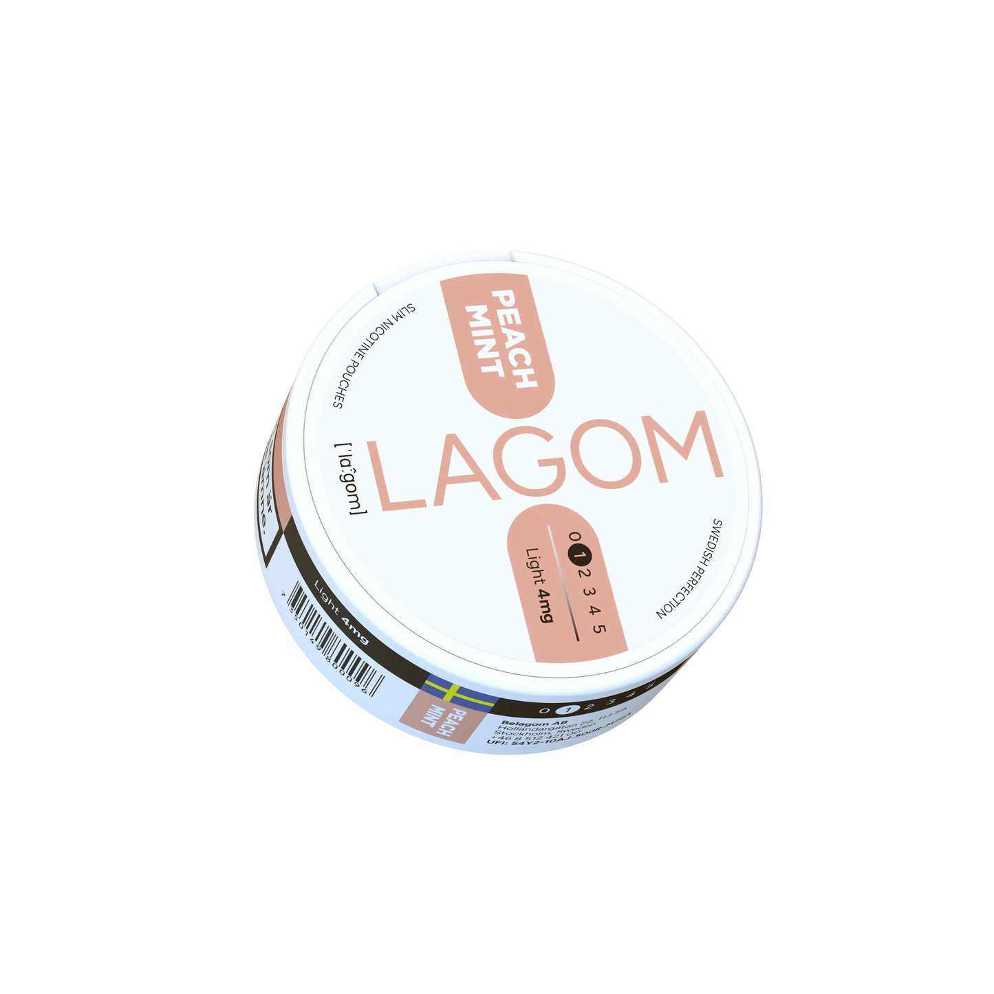 Lagom Peach Mint 4mg nicotine pouch in an open tin, showing peach and mint flavor ingredients and packaging.