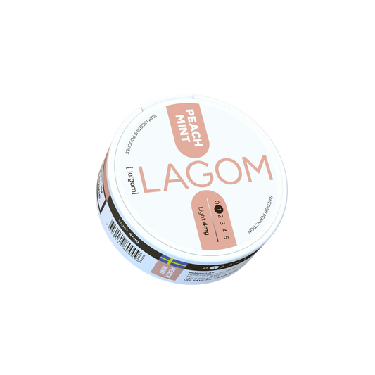 Lagom Peach Mint 4mg nicotine pouch in an open tin, showing peach and mint flavor ingredients and packaging.