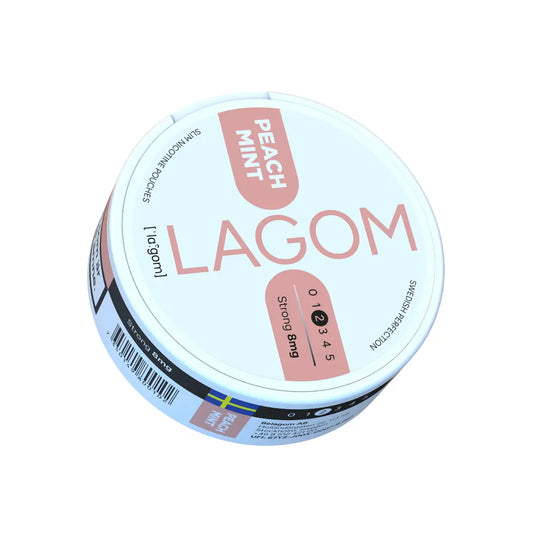 Lagom Peach Mint 8mg e-liquid bottle with a colorful label, designed for vaping, from Europesnus.com.