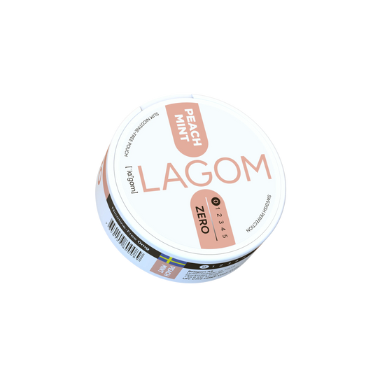 Lagom Peach Mint Zero e-liquid bottle from Europesnus.com showing a clear bottle with peach and mint flavor label.