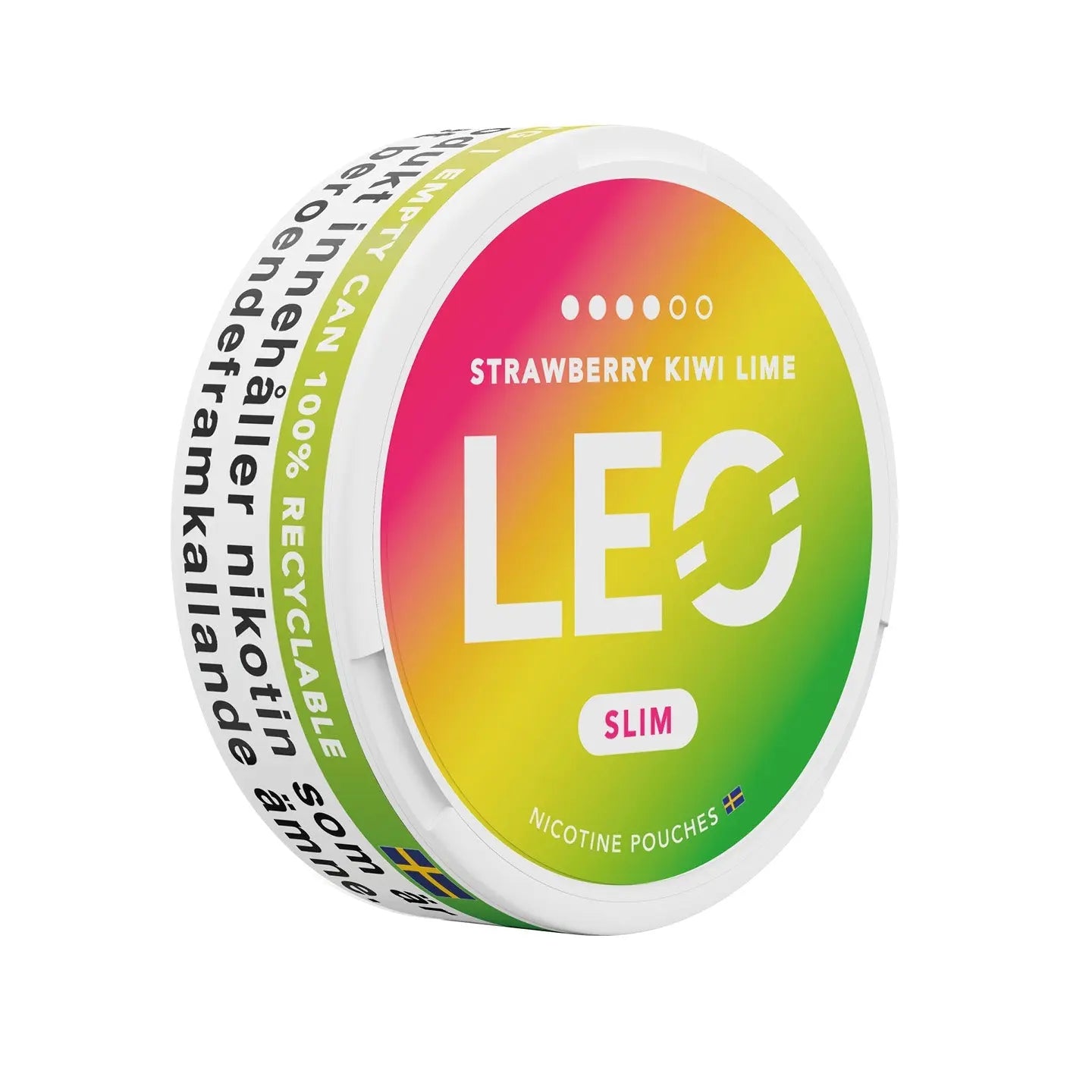 Strawberry Kiwi Lime flavored vape juice bottle from Leo by Europesnus.com, with vibrant fruit illustrations on the label.
