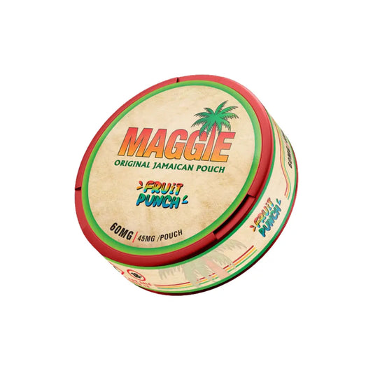 Bottle of Maggie Fruit Punch 60 mg dietary supplement with label showing fruit images and product details.