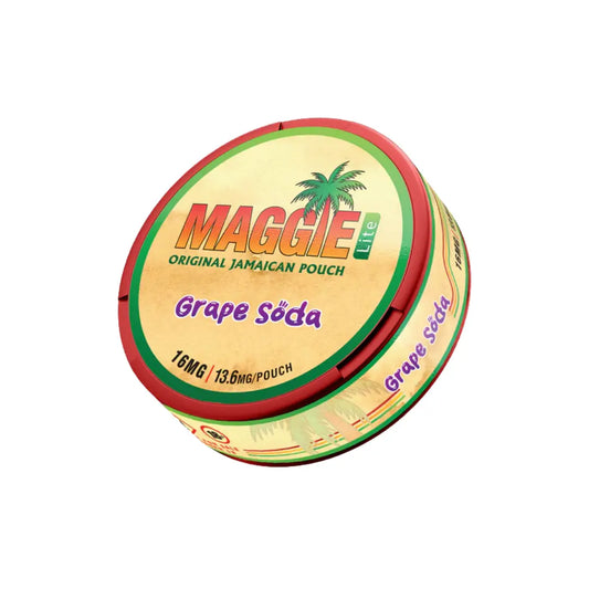 Bottle of Maggie Grape Soda with 16mg nicotine, featuring colorful label and branding, on a plain background.