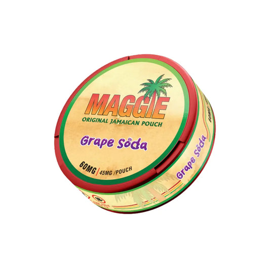 Bottle of Maggie Grape Soda 60mg from Europesnus.com with purple label and cap, showcasing the flavored soda beverage.