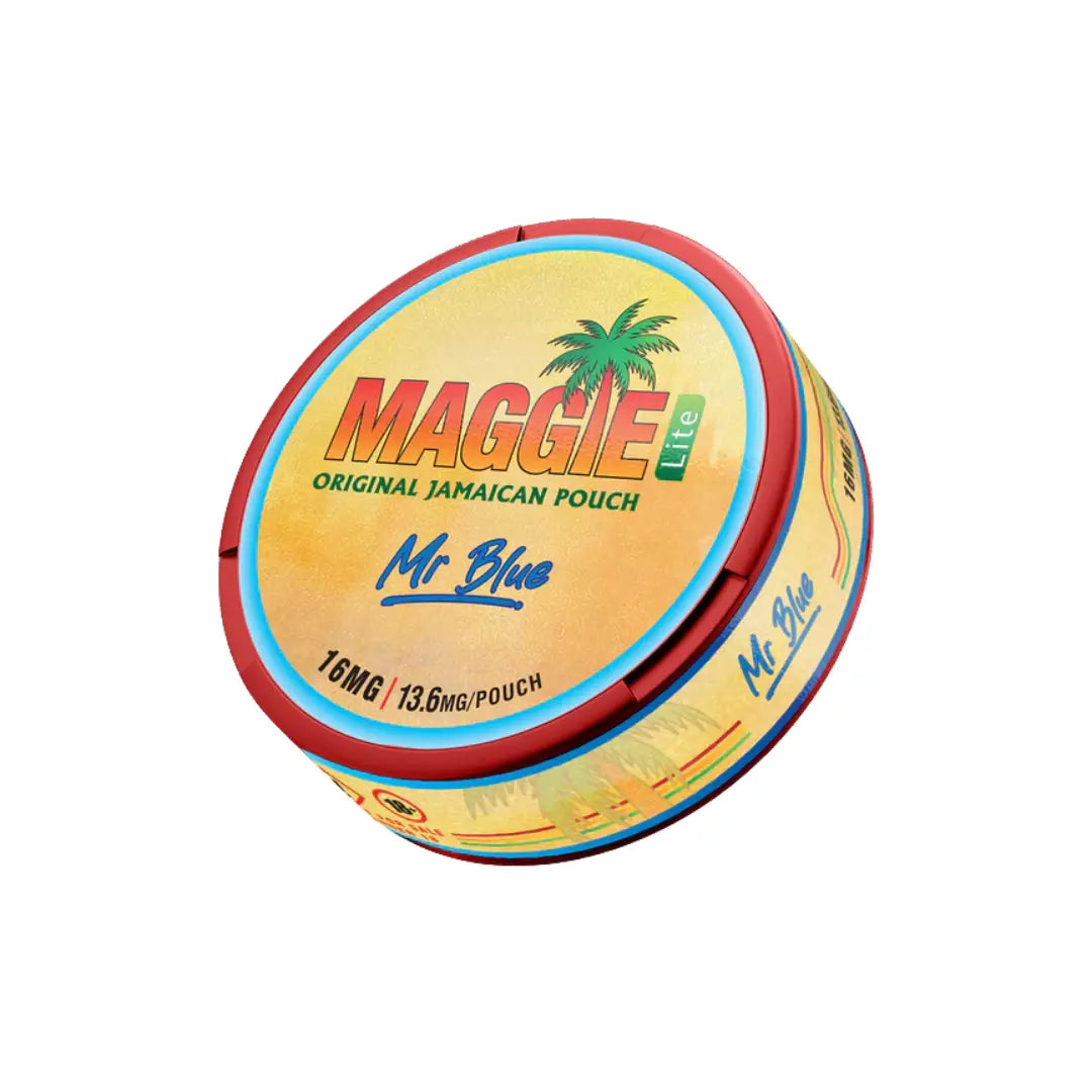 Maggie Mr Blue 16mg nicotine pouch from Europesnus.com, showing the blue packaging and pouch design for the product.