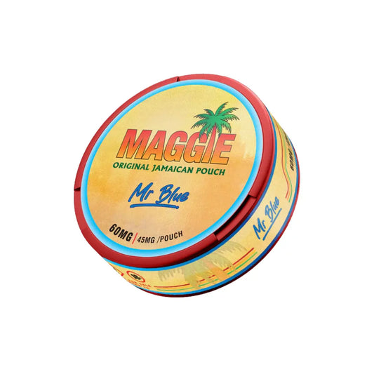 Maggie Mr Blue 60 mg supplement bottle with blue label, featuring product name and dosage, on a plain background