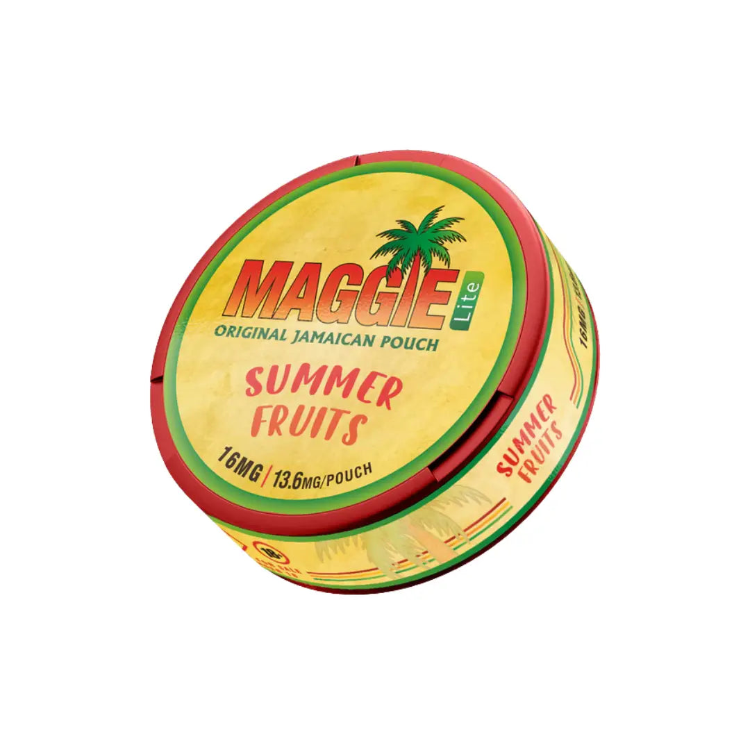 Maggie Summerfruits 16mg nicotine pouch from Europesnus.com, showing the colorful pouch with summer fruit flavor branding.