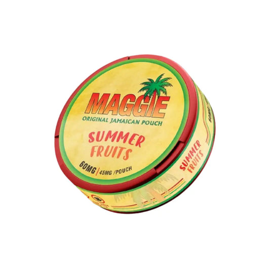 Maggie Summerfruits 60mg supplement bottle with colorful label, featuring fruit images and product details.
