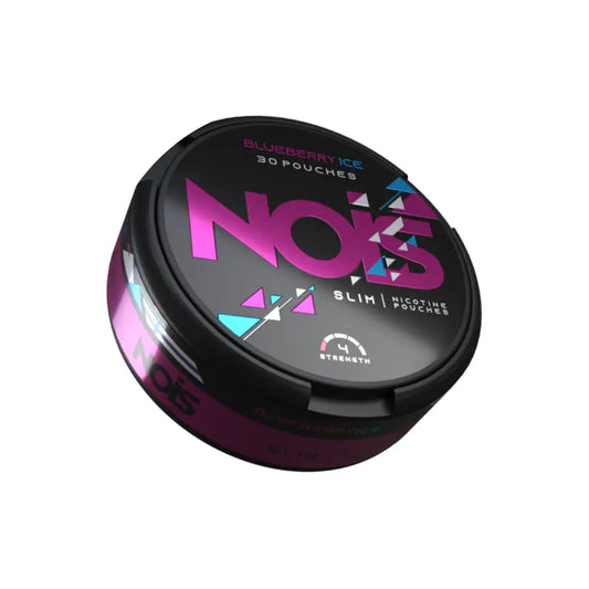 Nois Blueberry Ice 4mg disposable vape device with blue and white design, featuring blueberry and icy flavor branding.
