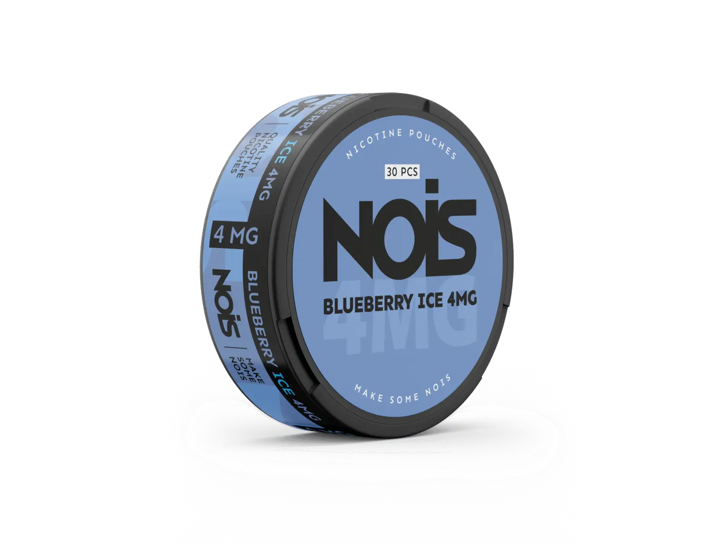 Nois Blueberry Ice 4mg disposable vape device with blue and white design, featuring blueberry flavor and cooling ice accents.