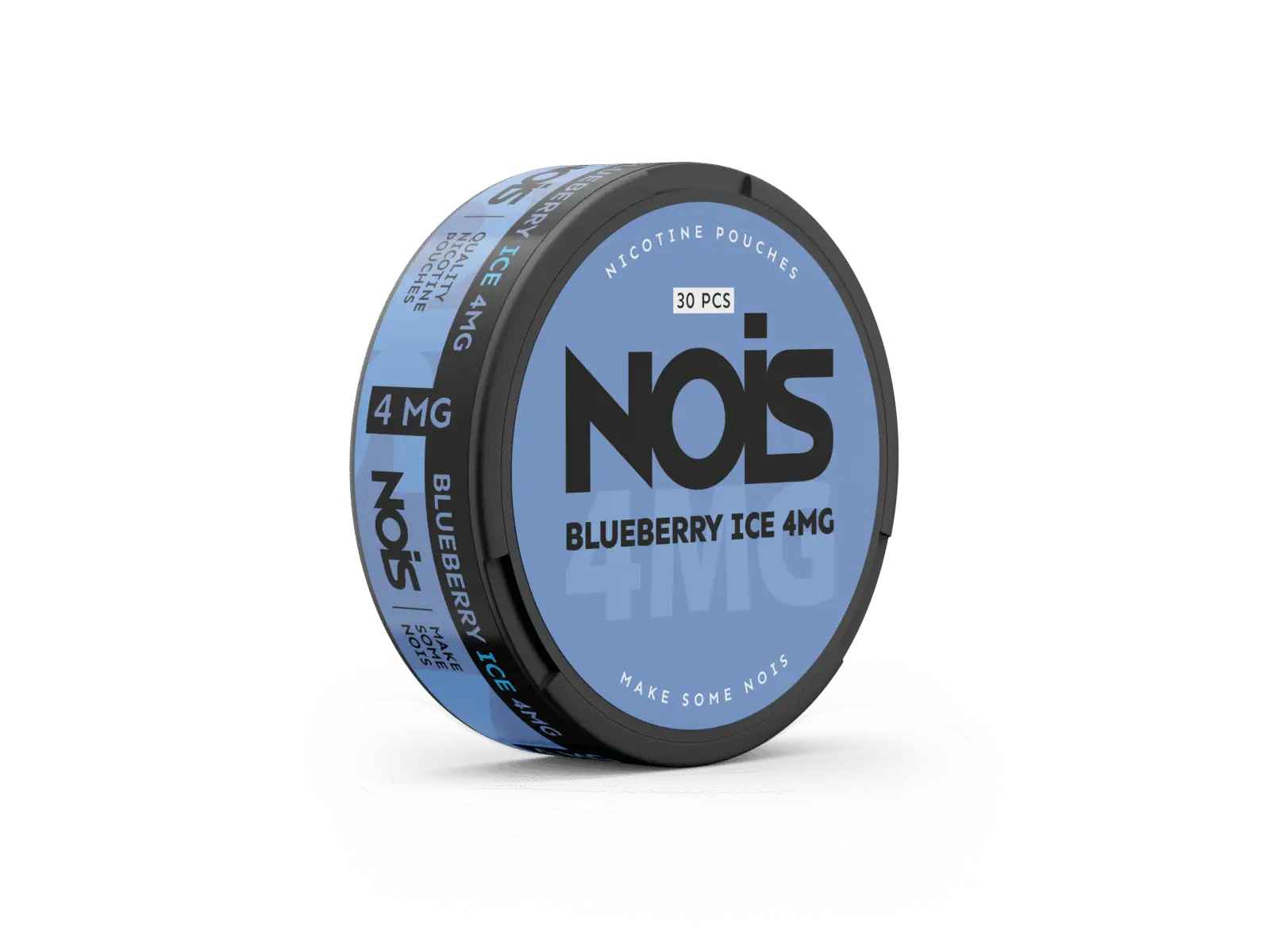 Nois Blueberry Ice 4mg disposable vape device with blue and white design, featuring blueberry flavor and cooling ice accents.