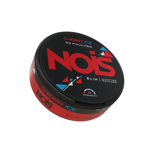 Nois Cherry Ice 4mg nicotine pouch from Europesnus.com, showing a cherry-flavored pouch with cooling mint accents.