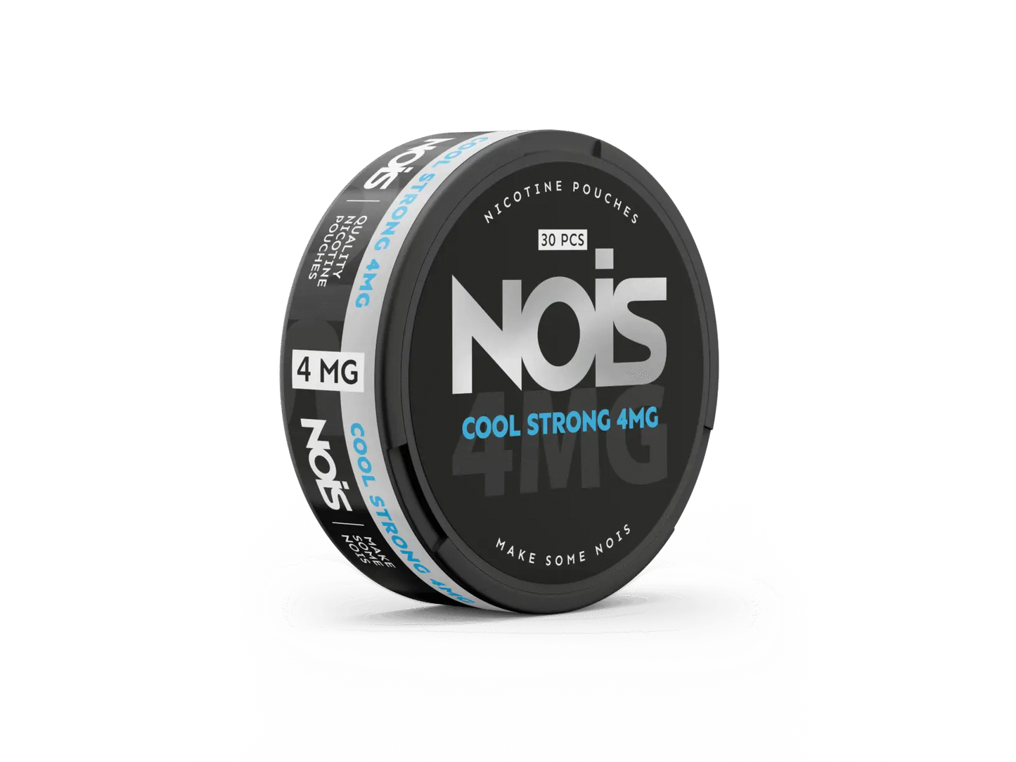 Nois Cool Strong 4mg nicotine pouch in black packaging with white text, designed for discreet use and fresh flavor.
