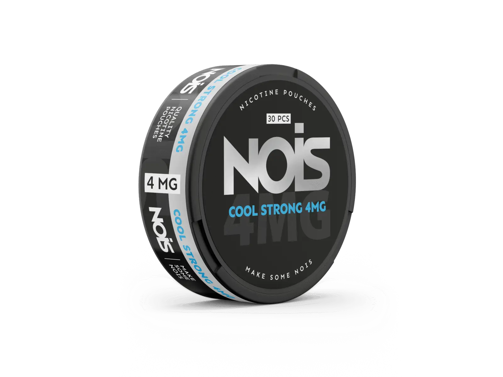 Nois Cool Strong 4mg nicotine pouch in black packaging with white text, designed for discreet use and fresh flavor.