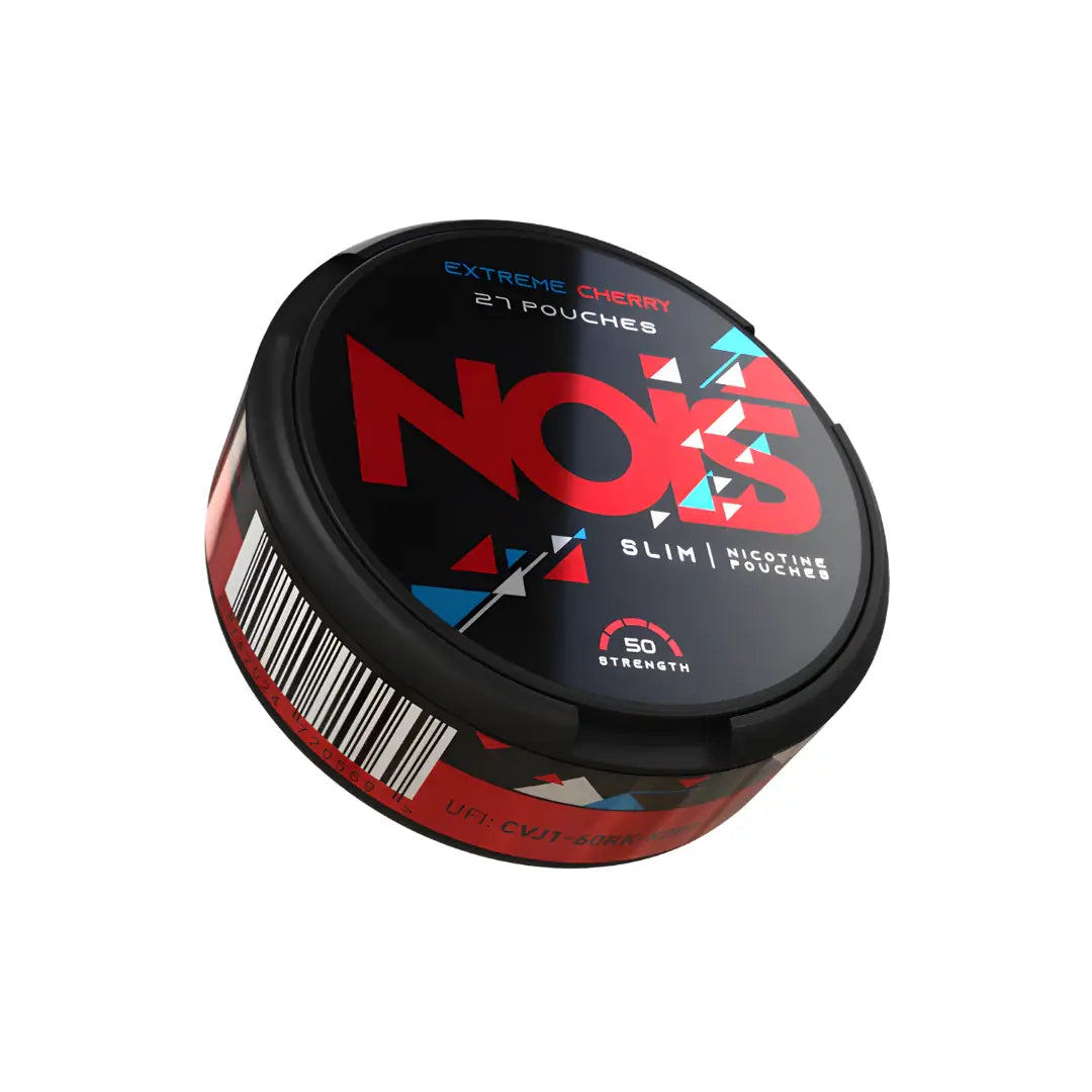 Nois Extreme Cherry e-liquid bottle with cherry flavor, featuring a vibrant label and transparent cap, on a white background.