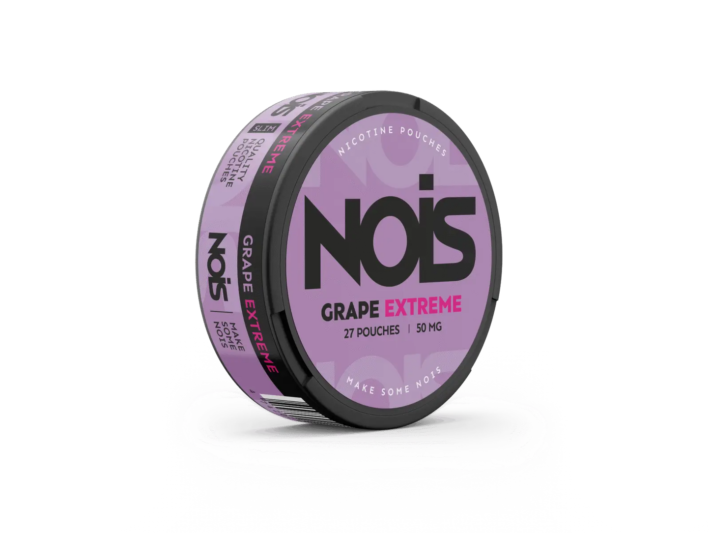 Nois Extreme Grape e-liquid bottle with purple label and cap, featuring grape flavor branding on a white background.