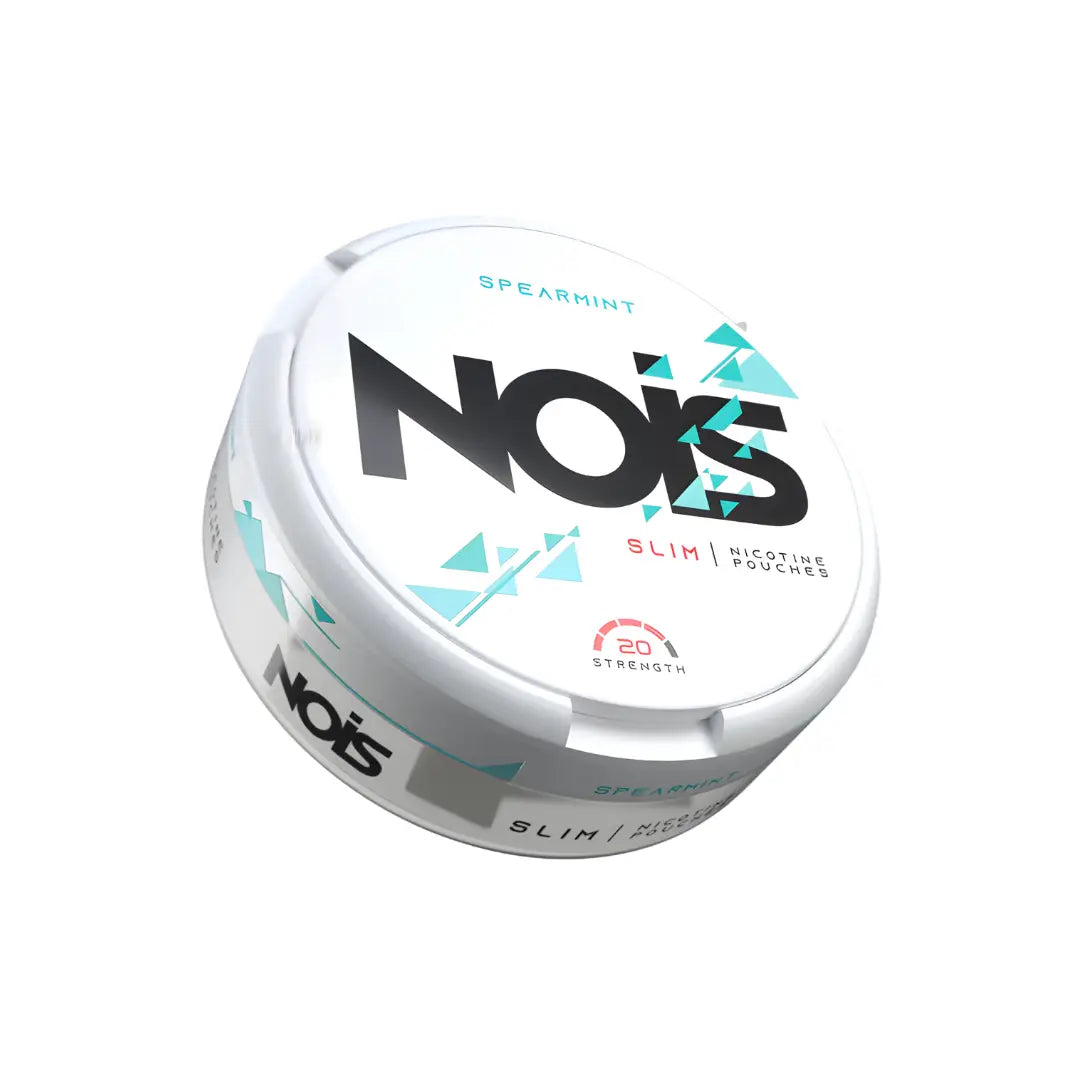 Close-up of a Nois Spearmint herbal product from Europesnus.com, showing fresh spearmint leaves and packaging details.