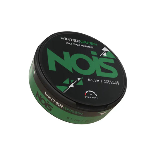 Nois Wintergreen 4mg nicotine pouch by Europesnus.com, showing a close-up of the sleek, green-colored pouch design.