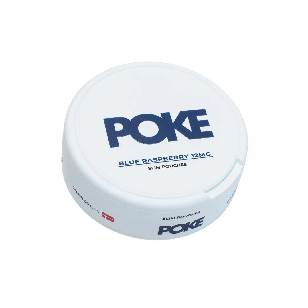 Blue raspberry flavored Poke snack from Europesnus.com, featuring vibrant blue berries and a tasty, chewy texture.