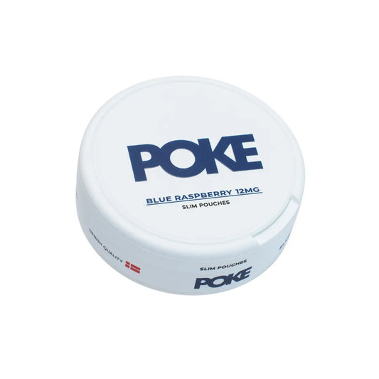Blue raspberry flavored Poke snack from Europesnus.com, featuring vibrant blue berries and a tasty, chewy texture.