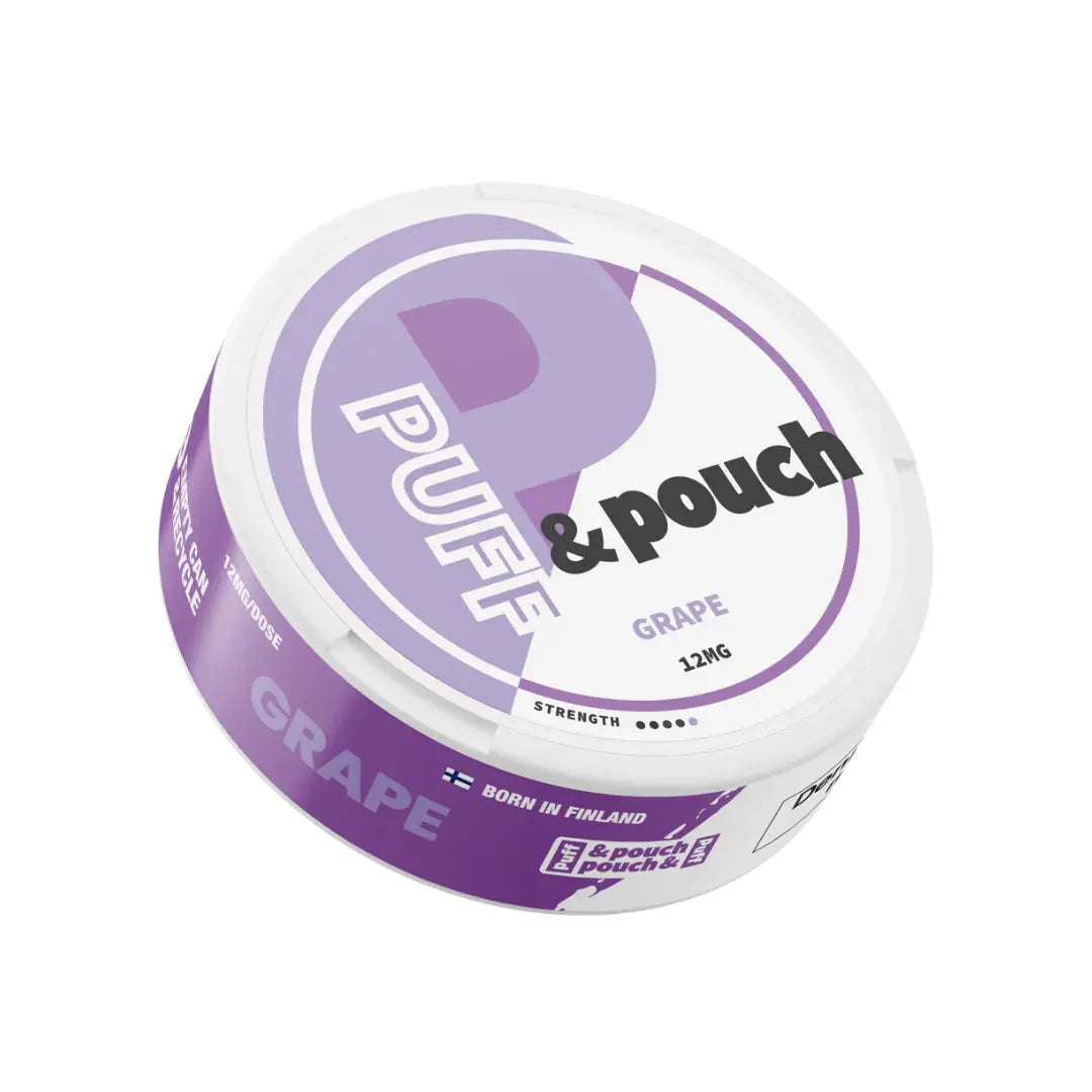 Vape Puff & Pouch Grape flavored e-liquid bottle from Europesnus.com with colorful grape graphics on the label.