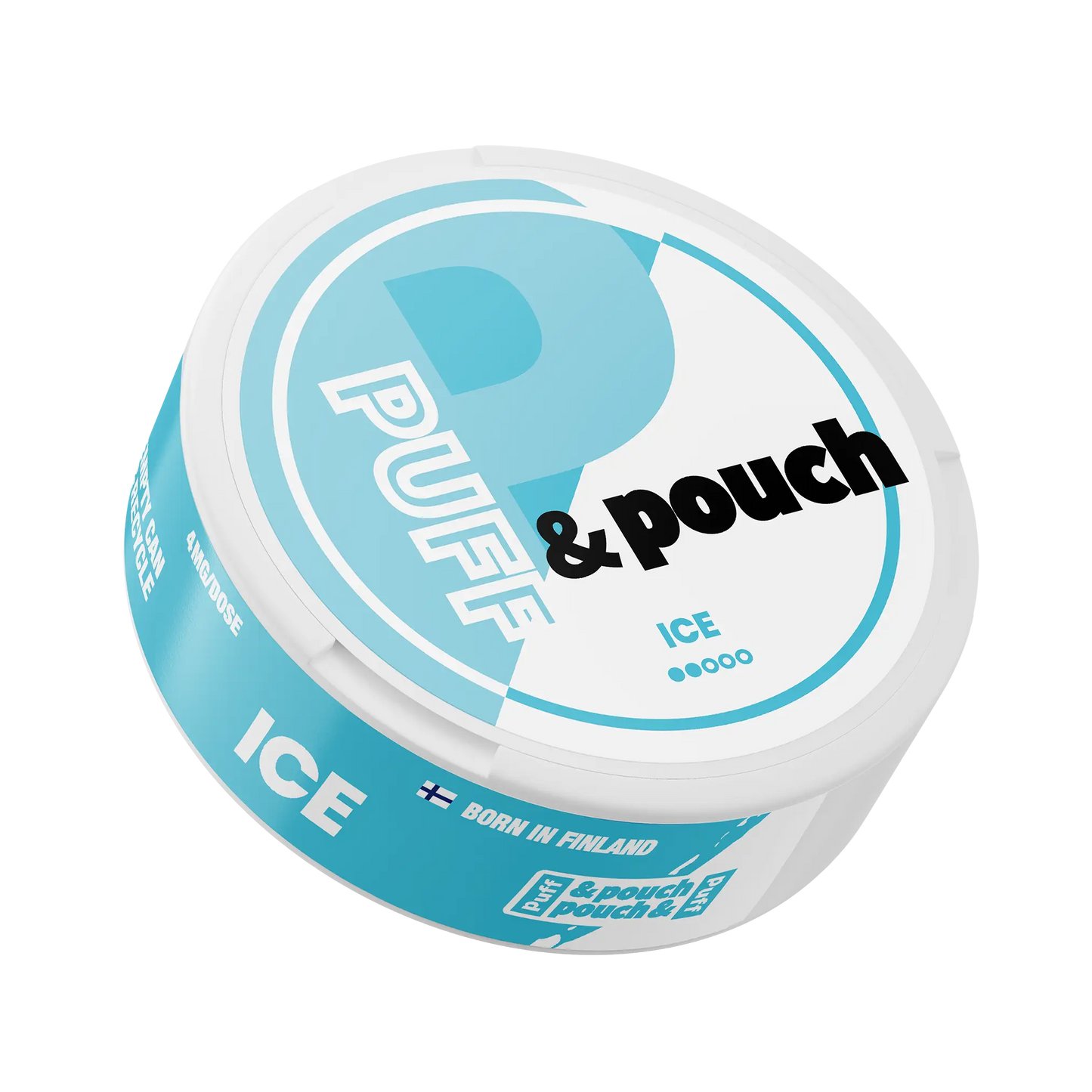 Puff & Pouch Ice 4mg nicotine pouch in a sleek silver aluminum container with the product label visible.