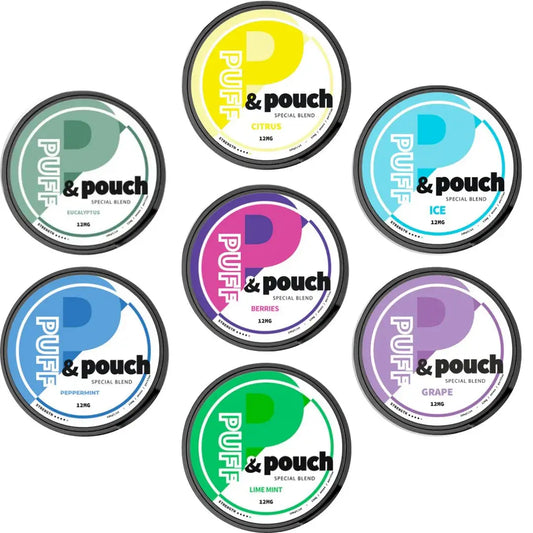 Puff & Pouch Special Blend from Europesnus.com displayed in a clear container with a textured surface and colorful packaging.