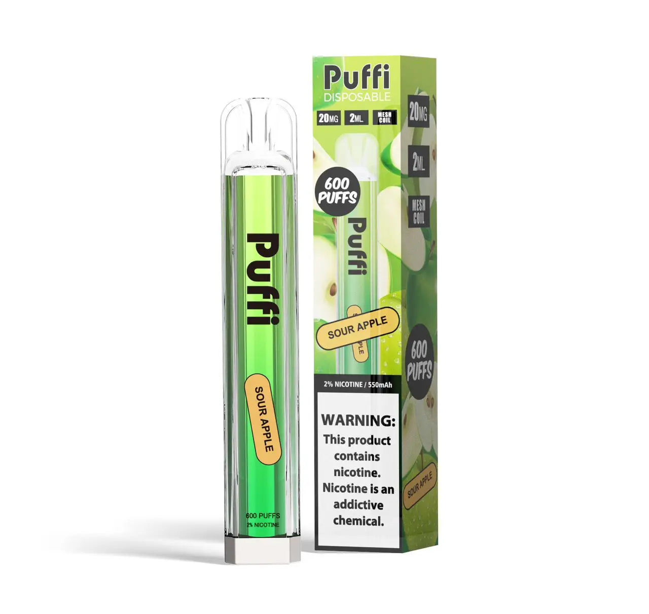 Sour apple-flavored Puffi candy with green and red puffed texture, showcasing bright colors and sour apple taste.