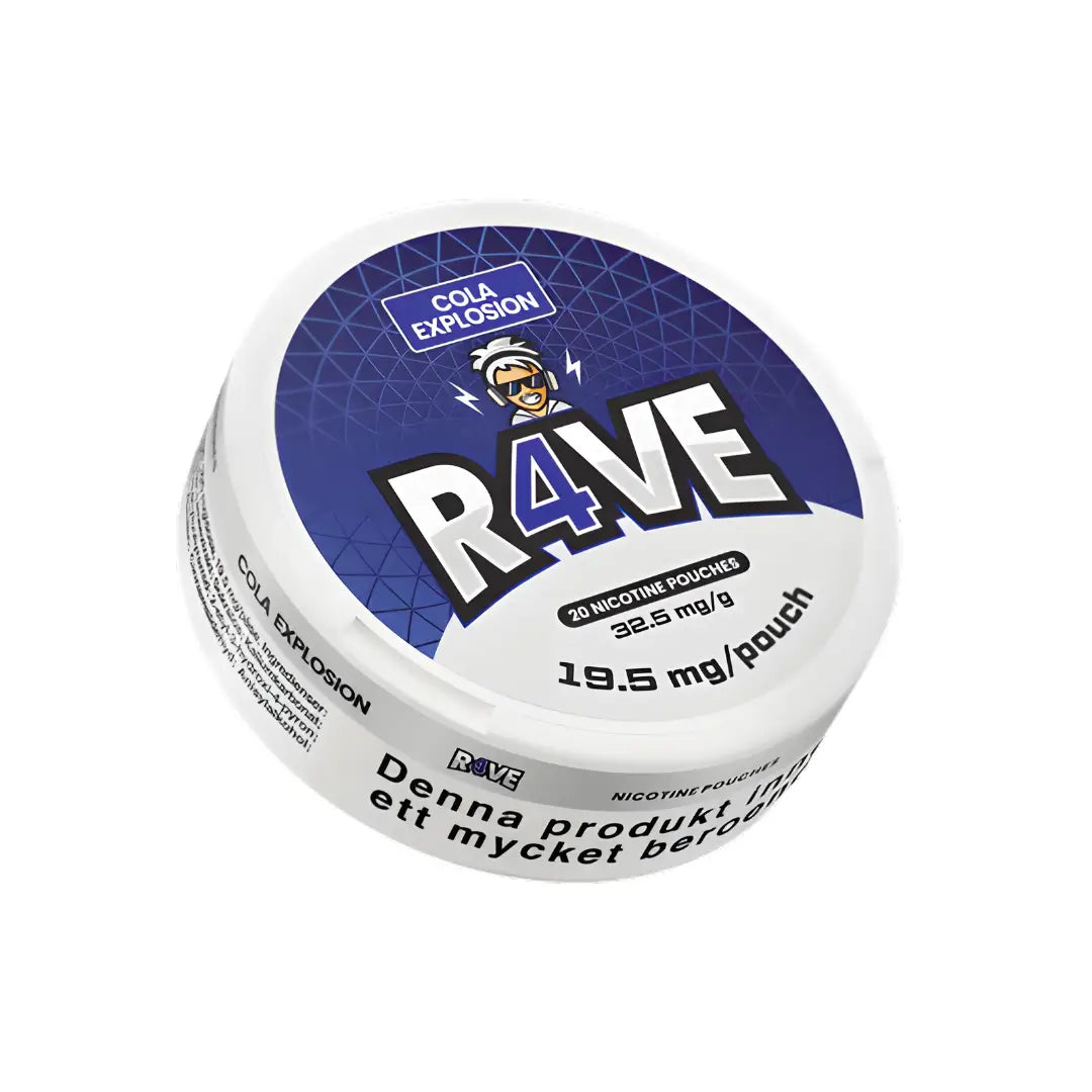 Rave Cola Explosion 32.5mg energy drink can with vibrant blue and red design, featuring cola flavor and explosion graphics