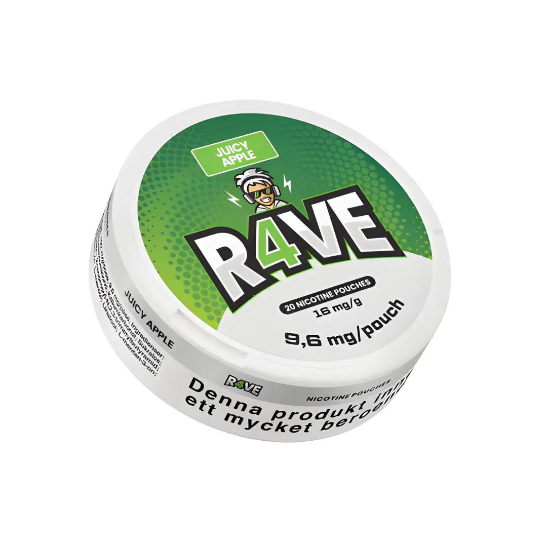 Rave Juicy Apple 16mg e-liquid bottle with colorful label featuring apple graphics and flavor details.