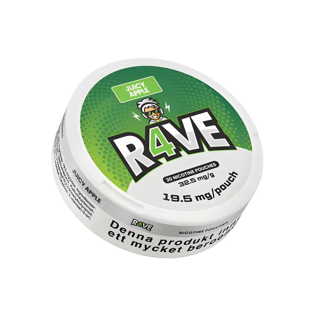 Rave Juicy Apple 32.5mg cannabis concentrate in a clear container with green and red apple graphics.