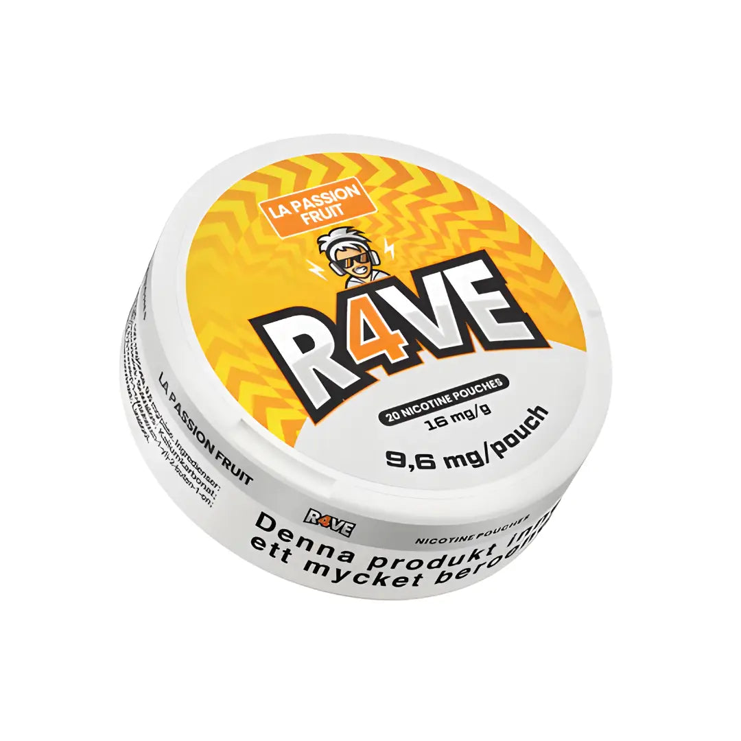 Passion Fruit Rave LA 16mg vape cartridge from Europesnus.com with colorful packaging and passion fruit flavor label.