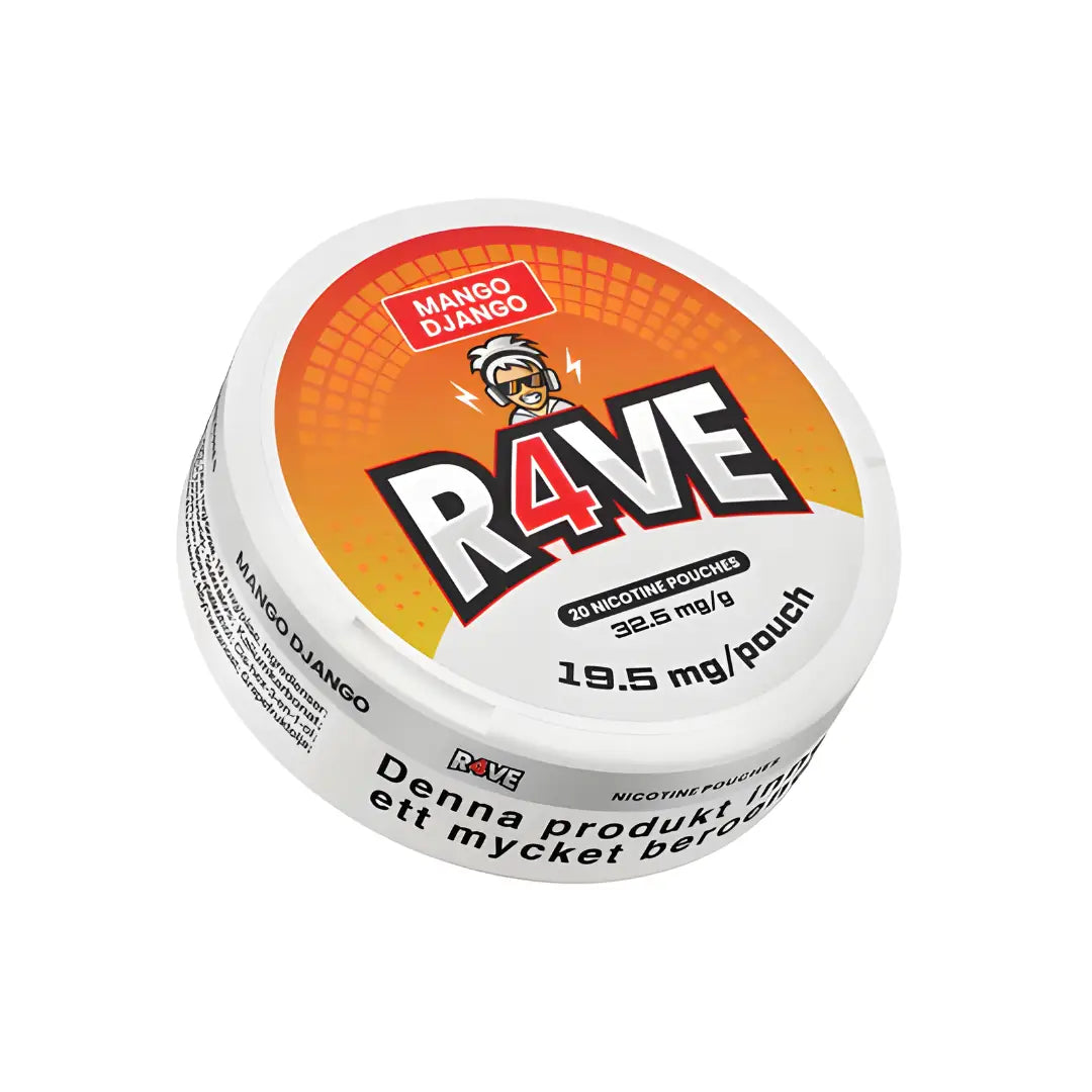 Rave Mango Django 32.5mg, a colorful graphic design on the packaging of this Europesnus.com product.